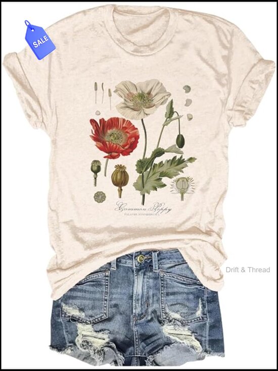 Tops - Vintage Poppy T-Shirt Crew Neck Short Sleeve Summer Tee